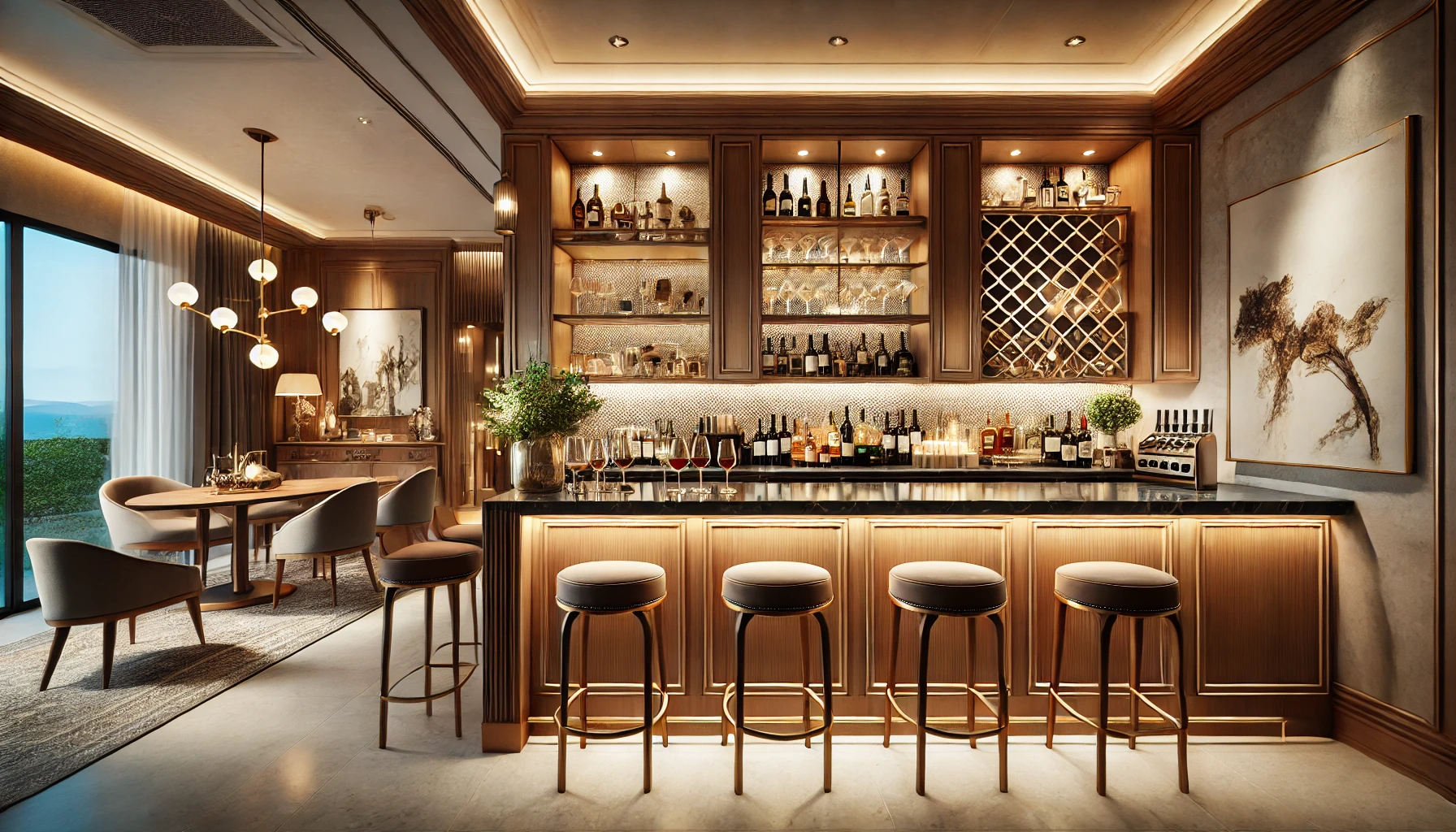 DALL·E 2024 11 24 15.57.10 A luxurious and stylish family home bar with elegant wooden cabinetry a sleek marble countertop ambient lighting and tasteful decor. The